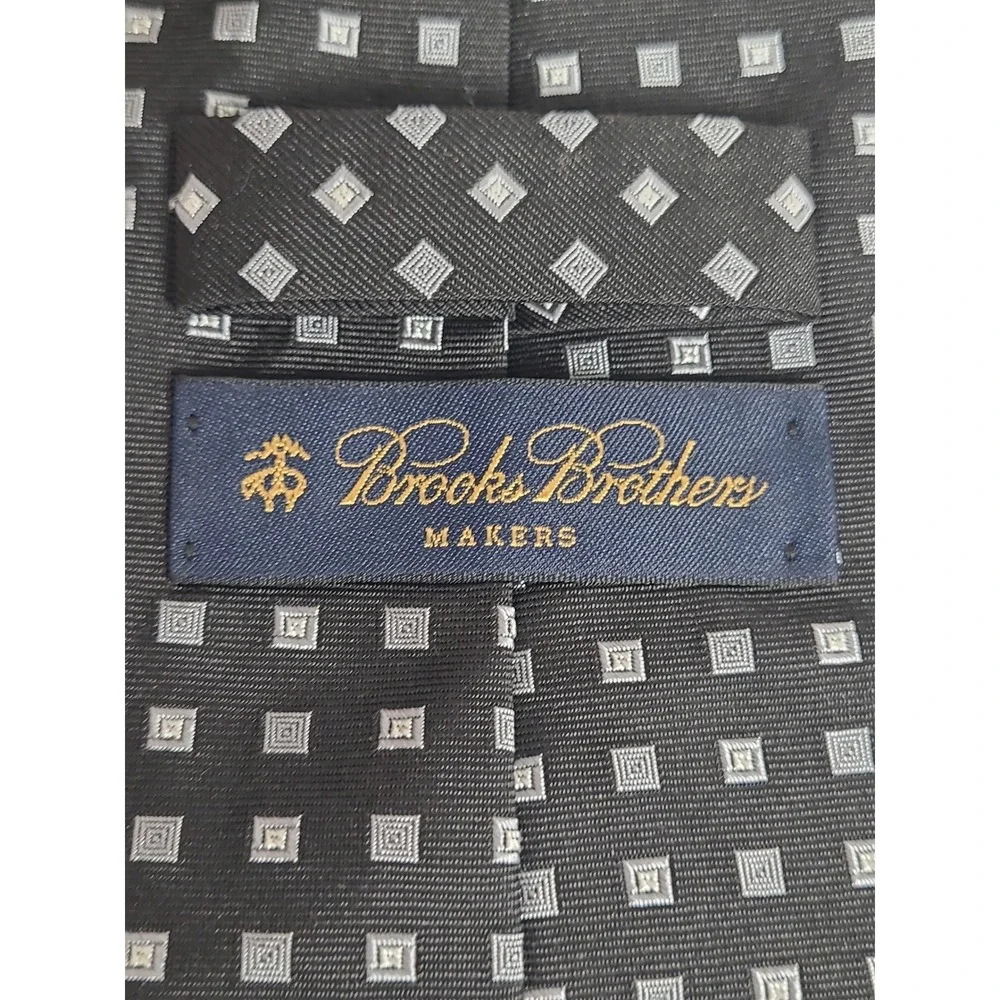 Brooks Brothers Makers Silk Tie Black‎ Silver Geometric Square Woven England USA